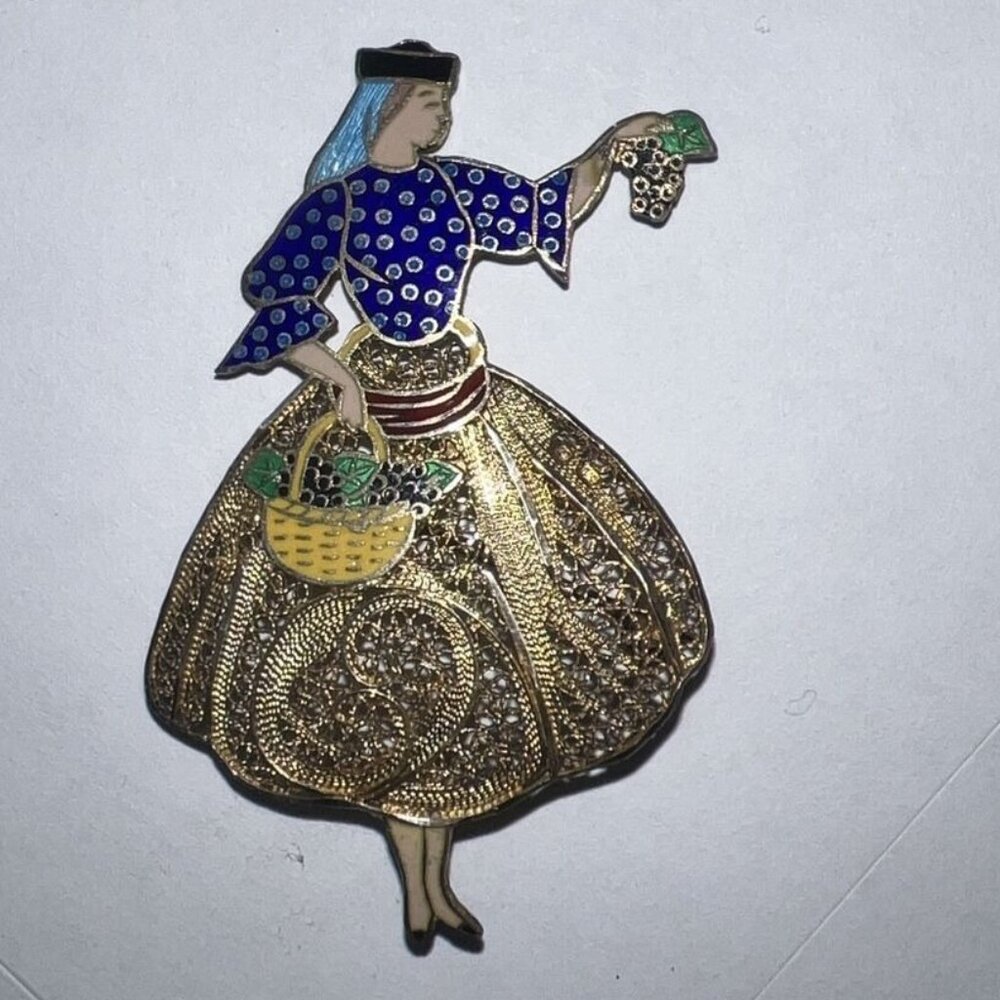 Vintage Topazio Portugal‎ Enameled Filigree Woman Figure Pin brooch